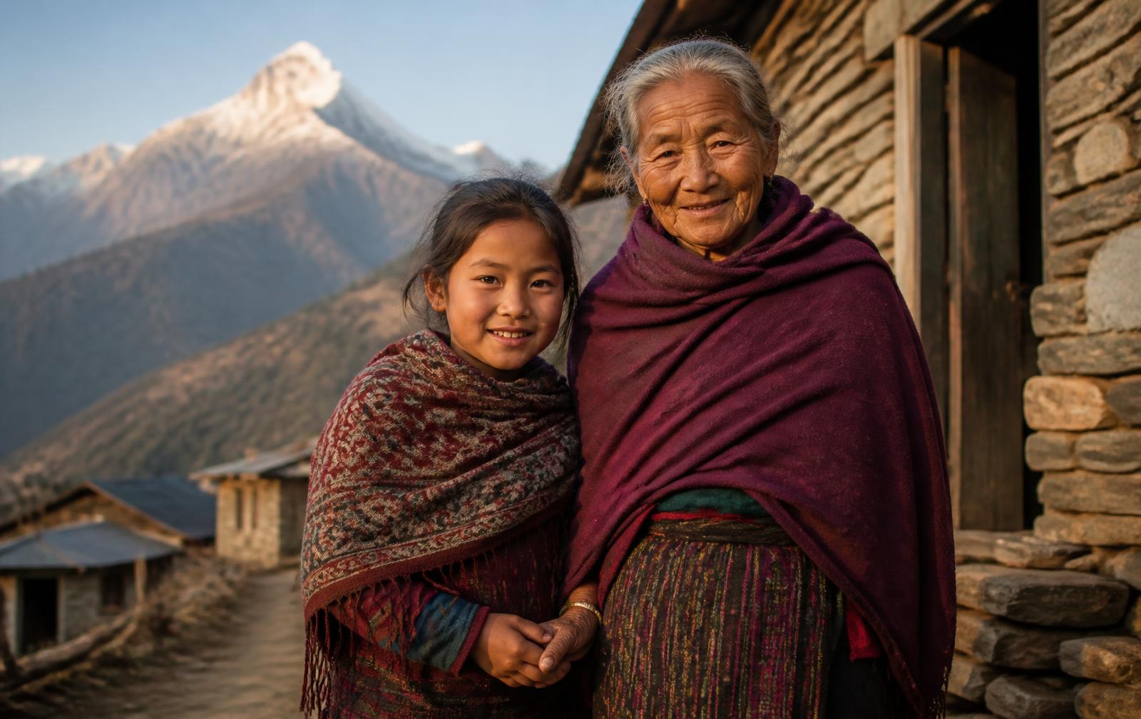 An elderly Nepali woman and a young girl standing together outside their village home